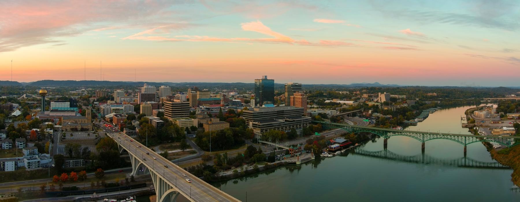 a city with a river and bridge